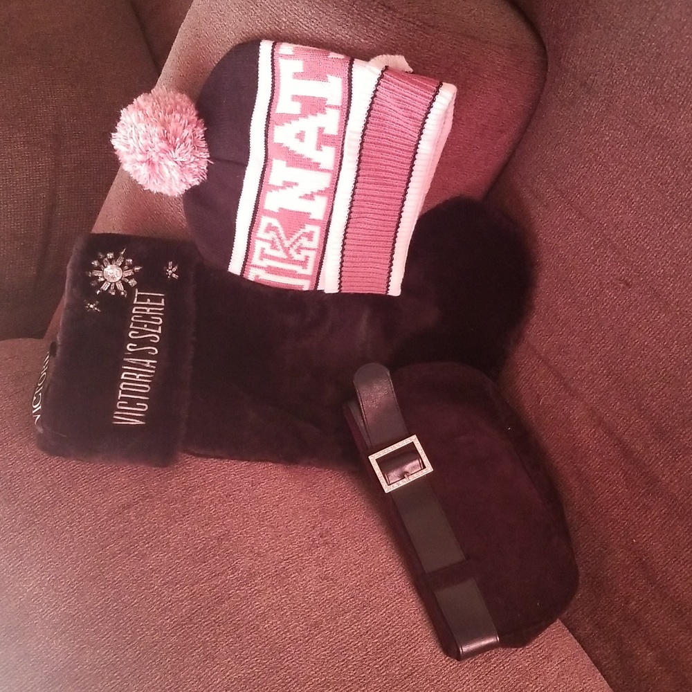 VS PINK winter hat, Christmas Stocking, rhinestone velvet buckle evening